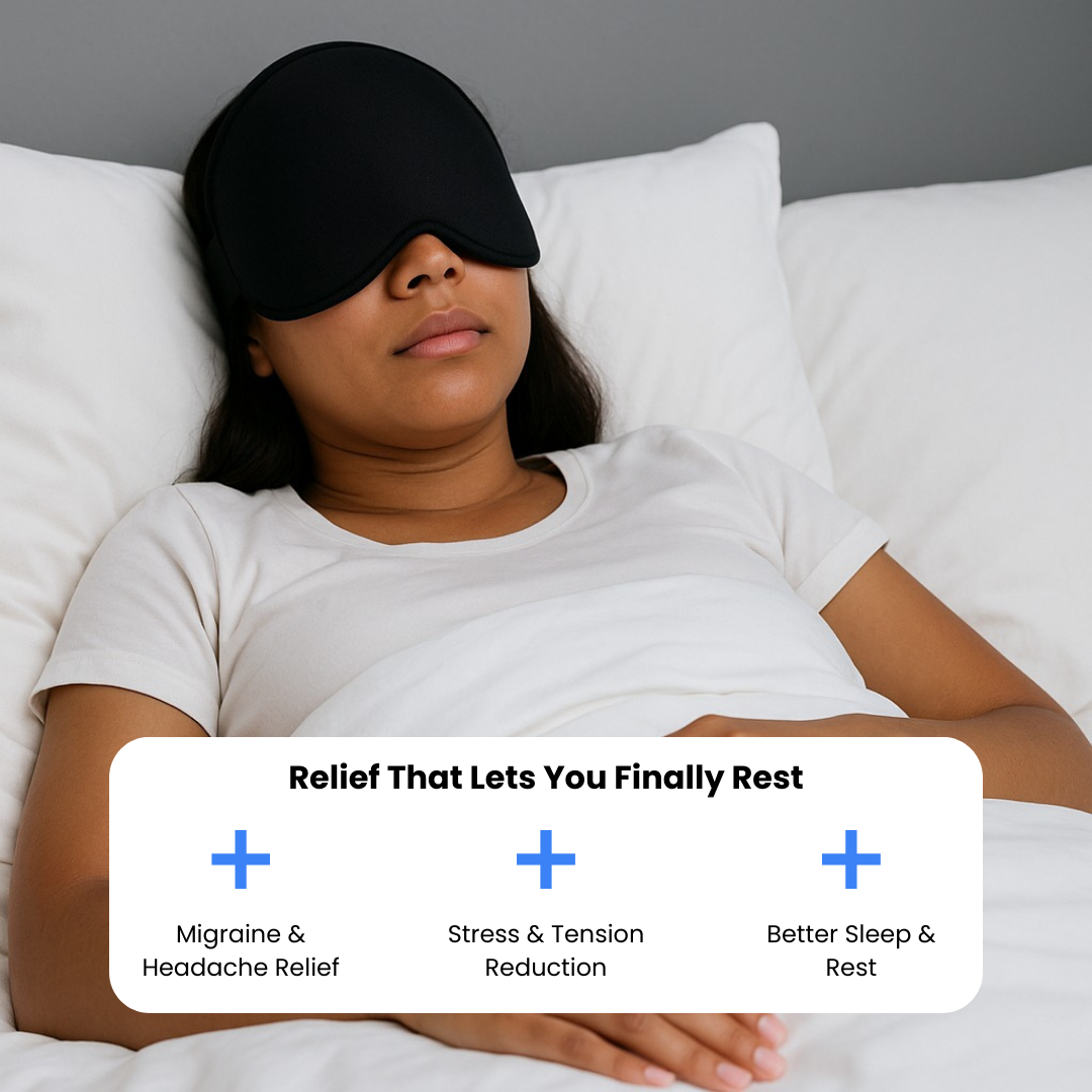 Person wearing a black reusable hot & cold therapy sleep mask in bed with text about sleep relief benefits.