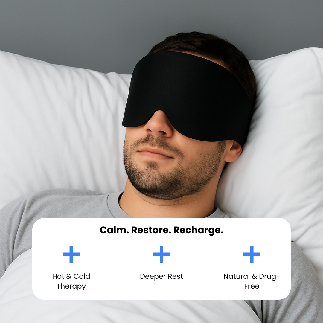 Man wearing a black reusable hot & cold therapy sleep mask with text about sleep benefits on a gray background