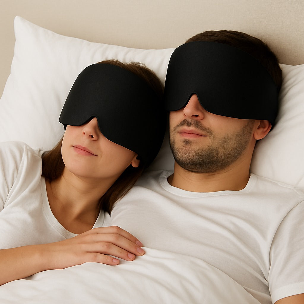Two people lying in bed wearing black reusable hot & cold therapy sleep masks.