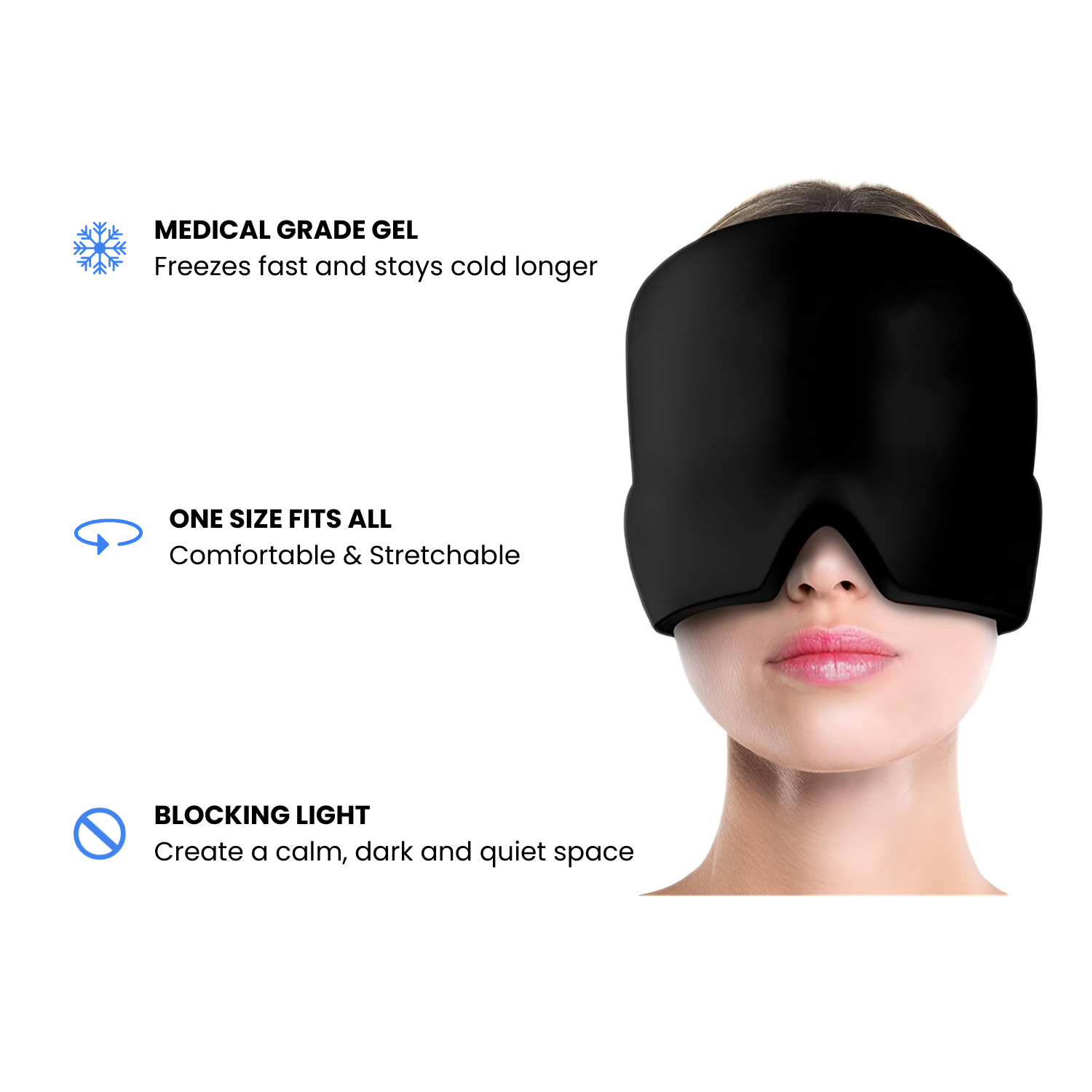 Black reusable hot & cold therapy sleep mask worn by a person with text highlighting features on a white background