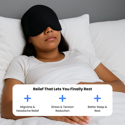 Person wearing a black reusable hot & cold therapy sleep mask in bed with text about sleep relief benefits.